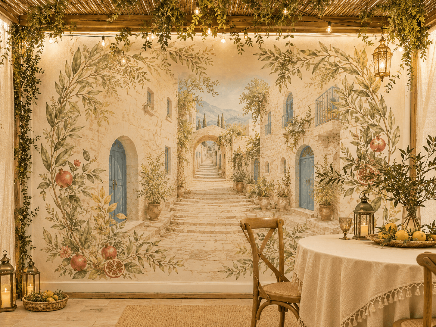 Mural wall style with an ornamental courtyard composition